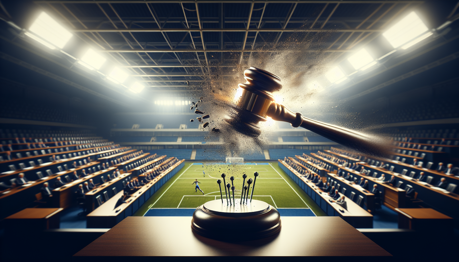 Un marteau de juge (ou un symbole législatif) frappant une estrade, avec un fond flou d'un terrain de football et d'un bureau de vote parlementaire, illustrant l'impact de la réforme politique sur le monde du sport. Ambiance sérieuse et institutionnelle.