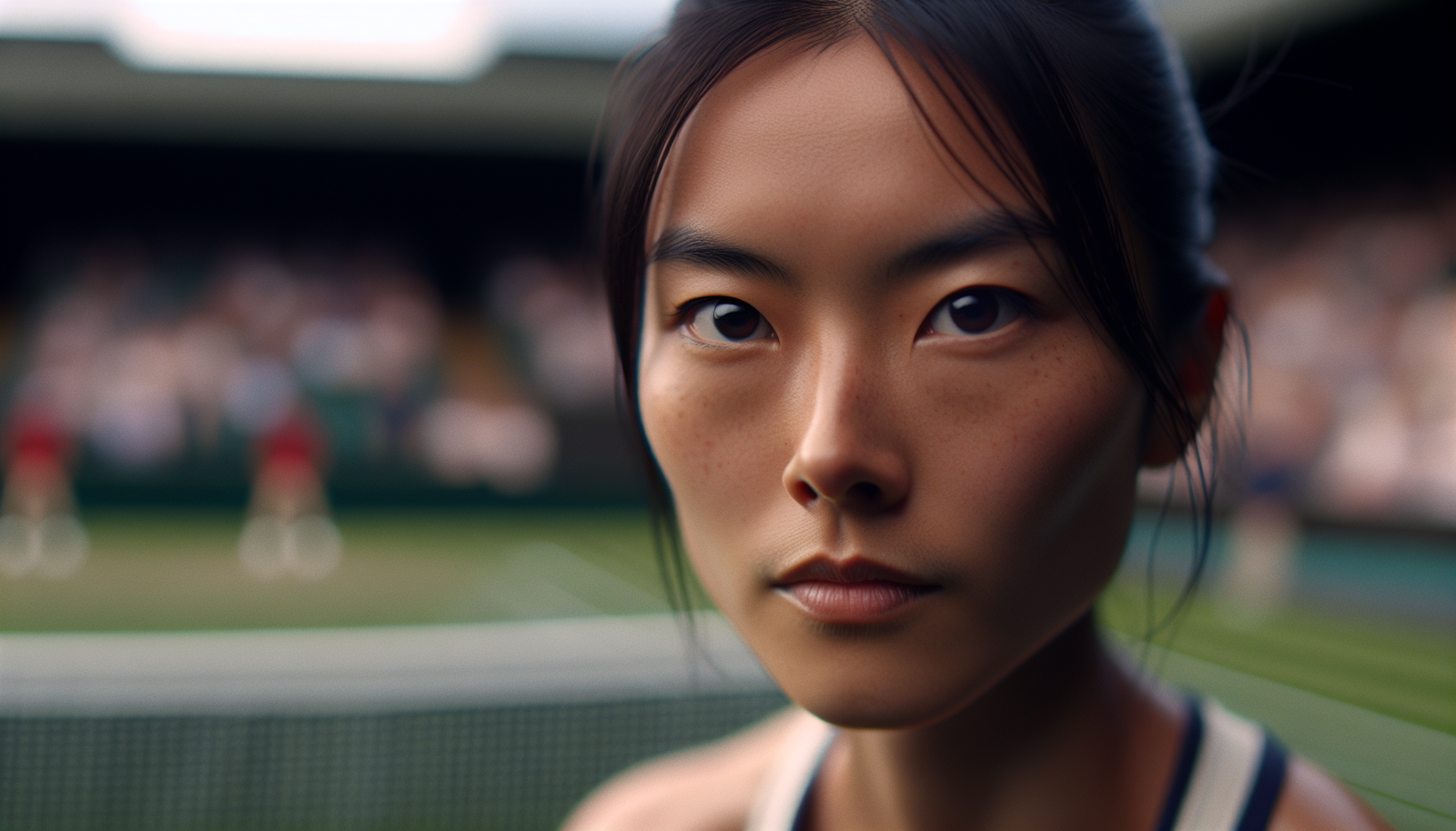 Un gros plan sur Mimi Xu, l'air déterminé et concentré, potentiellement avec un fond flou du court de Wimbledon, capturant son émotion avant le grand match.