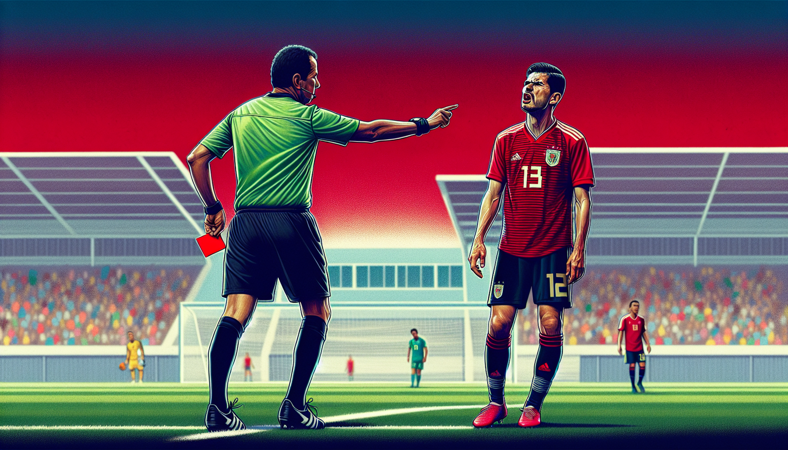 photo dramatique d'un joueur de football de River Plate recevant un carton rouge, son visage exprime la frustration, l'arbitre pointe le vestiaire, gros plan sur le moment décisif