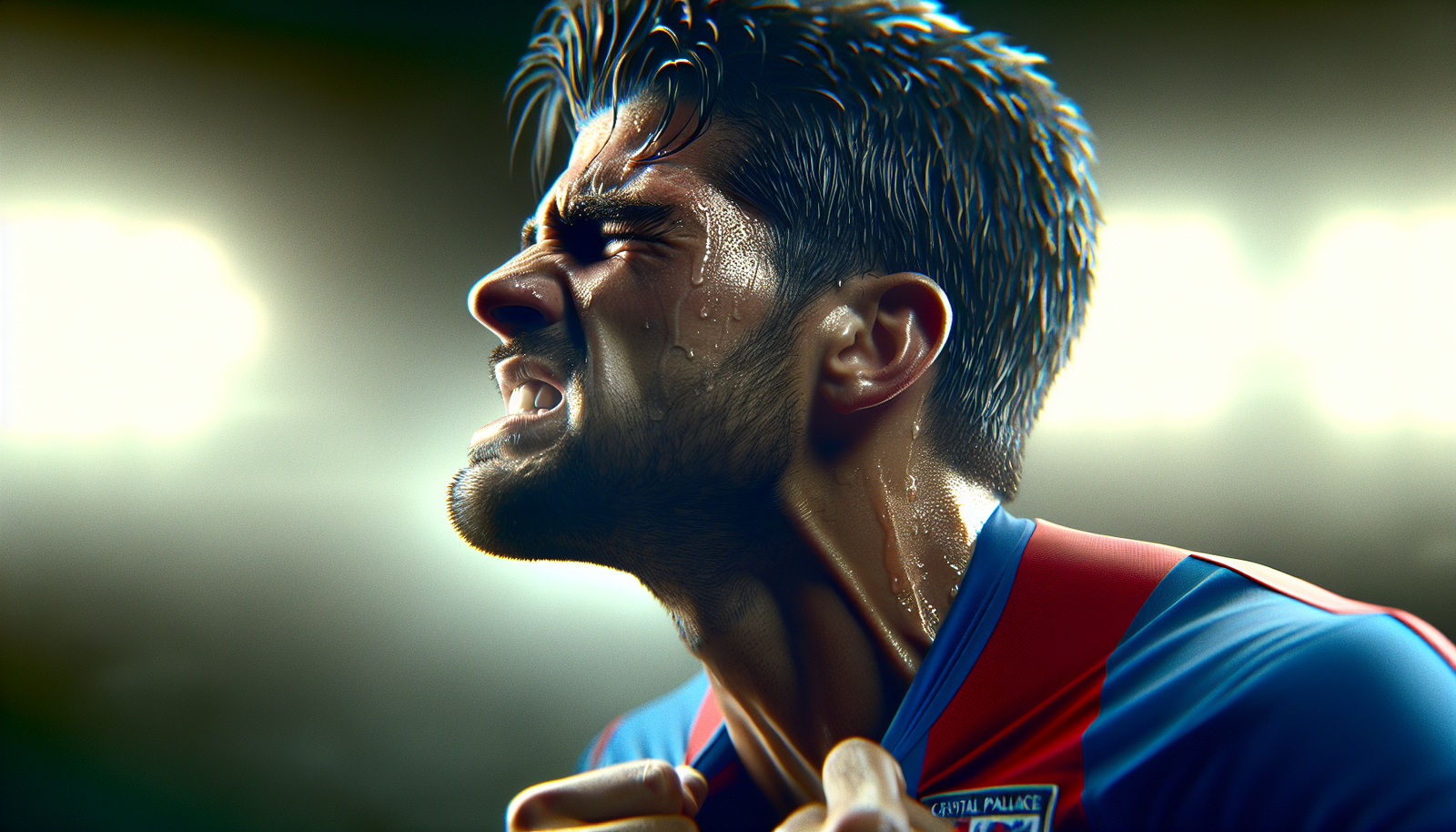 Gros plan sur Daniel Muñoz en sueur après l'effort, un regard déterminé sur son visage, symbolisant l'engagement et la fierté de la victoire de Crystal Palace.