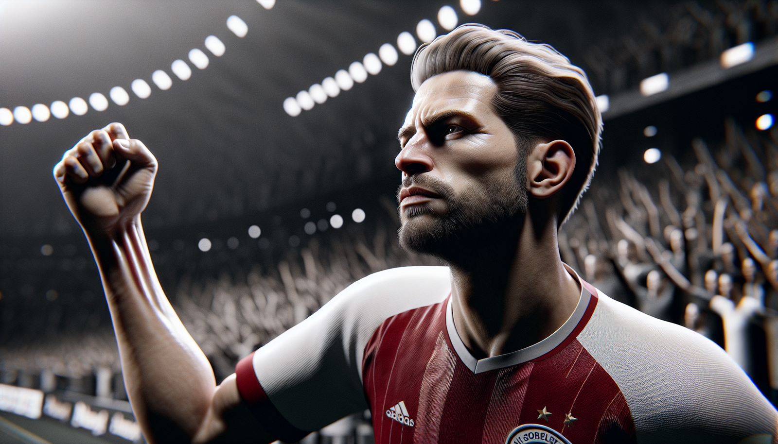 Harry Kane célébrant un but avec le maillot du Bayern Munich, gros plan sur son visage déterminé, poing levé vers le public, ambiance électrique de stade.