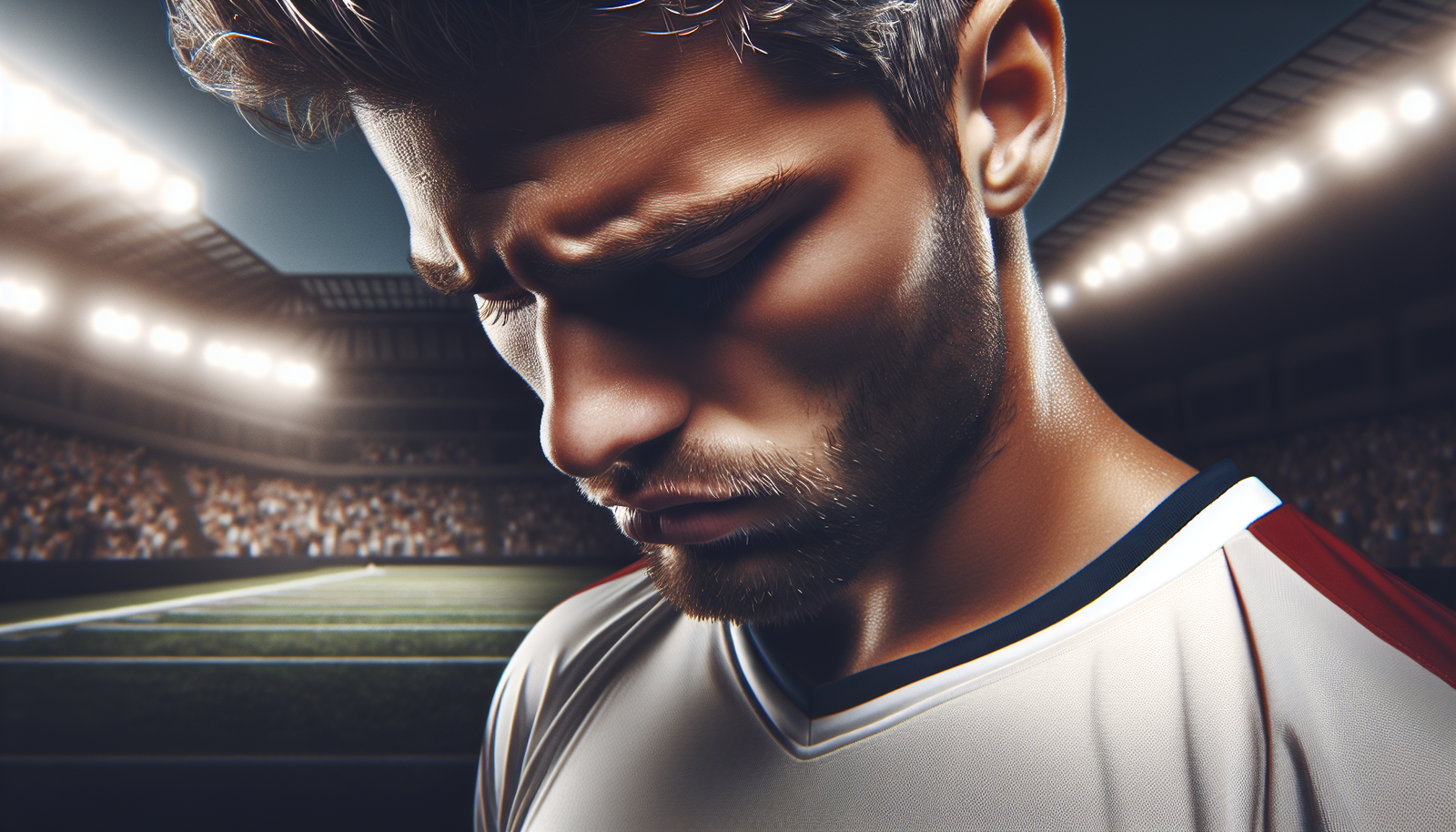 Gros plan sur le visage d'un joueur de football, la tête baissée, exprimant la déception après une défaite majeure, fond flou d'un stade vide, couleurs sombres et mélancoliques.