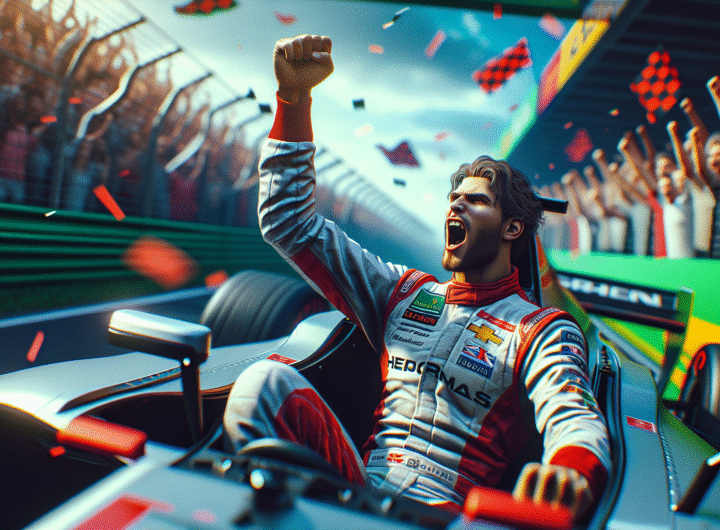 Photo d'action ultra-réaliste de Lando Norris en pleine célébration de sa pole position au Grand Prix d'Autriche, poing levé dans le cockpit, foule en arrière-plan. Couleurs vives, dynamique.