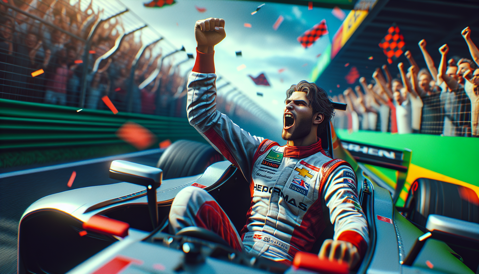 Photo d'action ultra-réaliste de Lando Norris en pleine célébration de sa pole position au Grand Prix d'Autriche, poing levé dans le cockpit, foule en arrière-plan. Couleurs vives, dynamique.