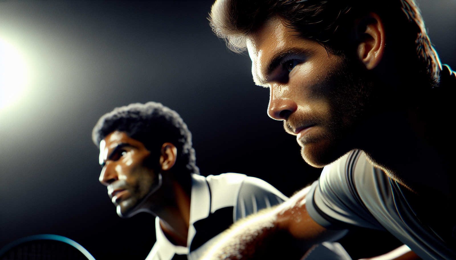 Photo d'action ultra-réaliste de Carlos Alcaraz et Jannik Sinner en plein échange intense lors d'un match, visages concentrés et déterminés, sueur visible. Style: Gros plan dynamique, perspective basse