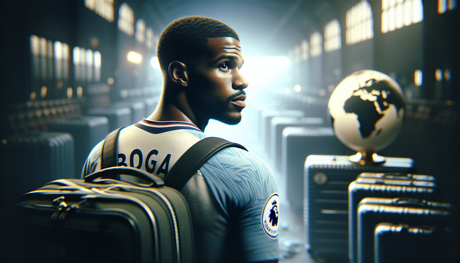 Un joueur de football (symbolisant Jérémie Boga) en tenue de match, regardant par-dessus son épaule vers une lumière lointaine, avec des valises ou un globe terrestre stylisé en arrière-plan flou, suggérant un voyage ou un transfert imminent. Ambiance de transition et d'incertitude.