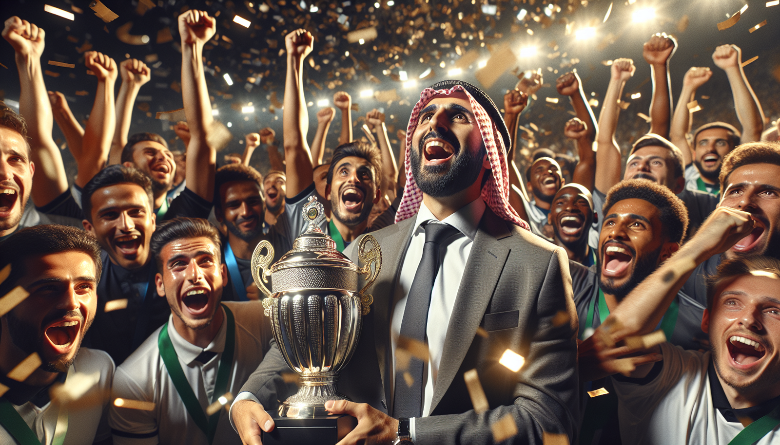 Nasser Al-Khelaïfi exultant de joie, le trophée de la Ligue des Champions à ses côtés, entouré de joueurs euphoriques du PSG dans une ambiance de confettis et de lumières stroboscopiques. Scène de triomphe et d'émotion.