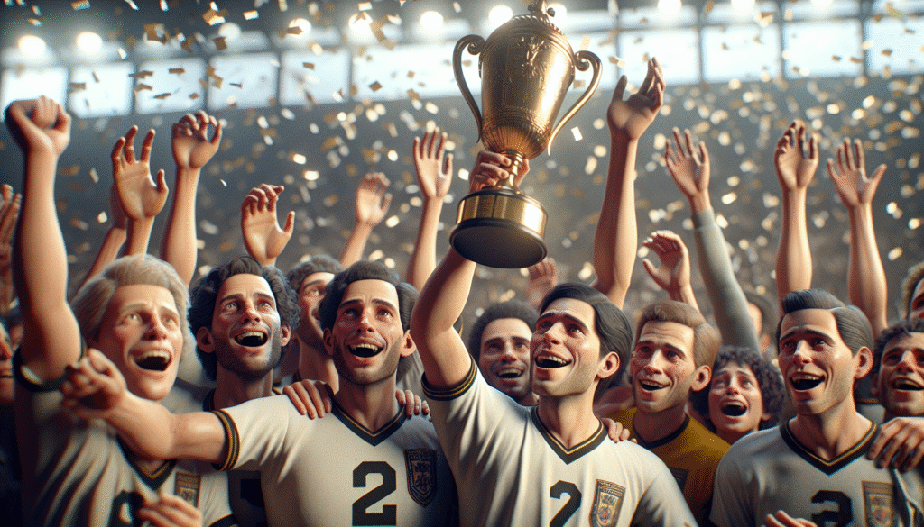 Photo ultra-réaliste des joueurs du PSG levant le trophée de la Ligue des Champions sous une pluie de confettis, gros plan sur la joie collective.