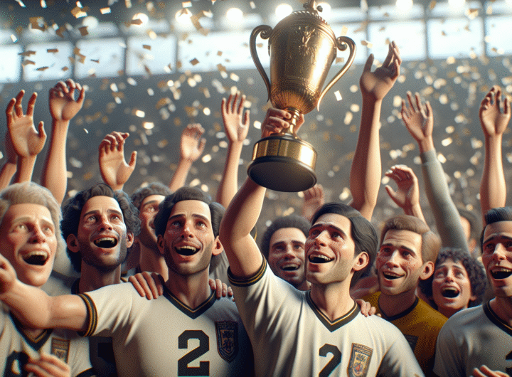 Photo ultra-réaliste des joueurs du PSG levant le trophée de la Ligue des Champions sous une pluie de confettis, gros plan sur la joie collective.