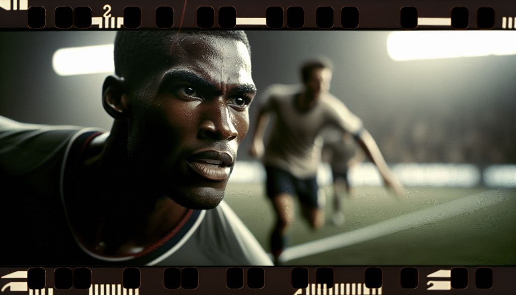 Photo d'action ultra-réaliste d'Antonio Rüdiger en plein match, expression de détermination.