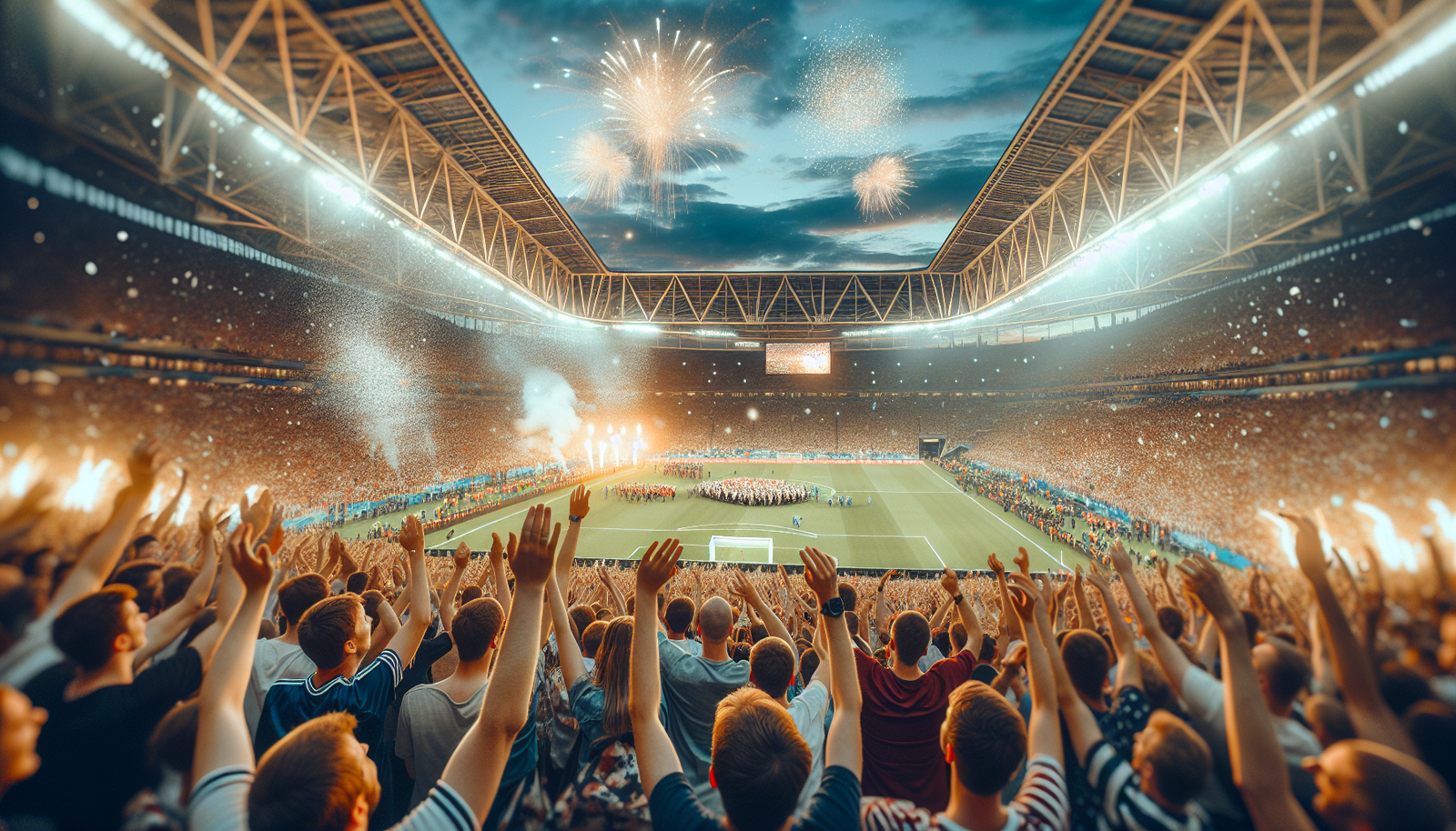 Vue grand-angle de l'intérieur du MetLife Stadium rempli de supporters en liesse, avec des confettis et feux d'artifice éclatant au-dessus du terrain lors d'une finale épique.