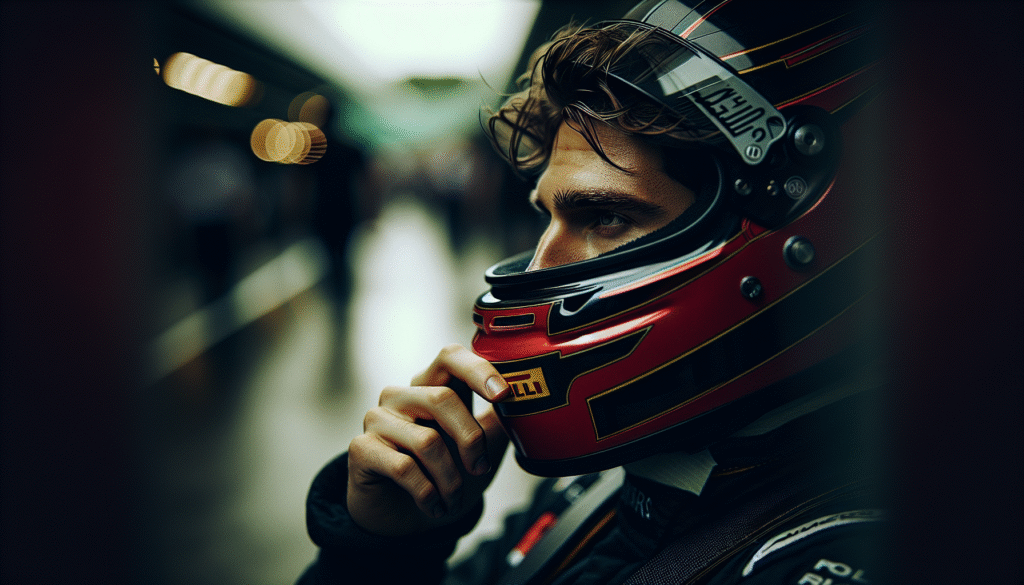 Photo d'un Max Verstappen pensif dans son casque, avec en arrière-plan flou le paddock de F1, couleurs sombres pour l'incertitude.