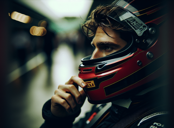 Photo d'un Max Verstappen pensif dans son casque, avec en arrière-plan flou le paddock de F1, couleurs sombres pour l'incertitude.