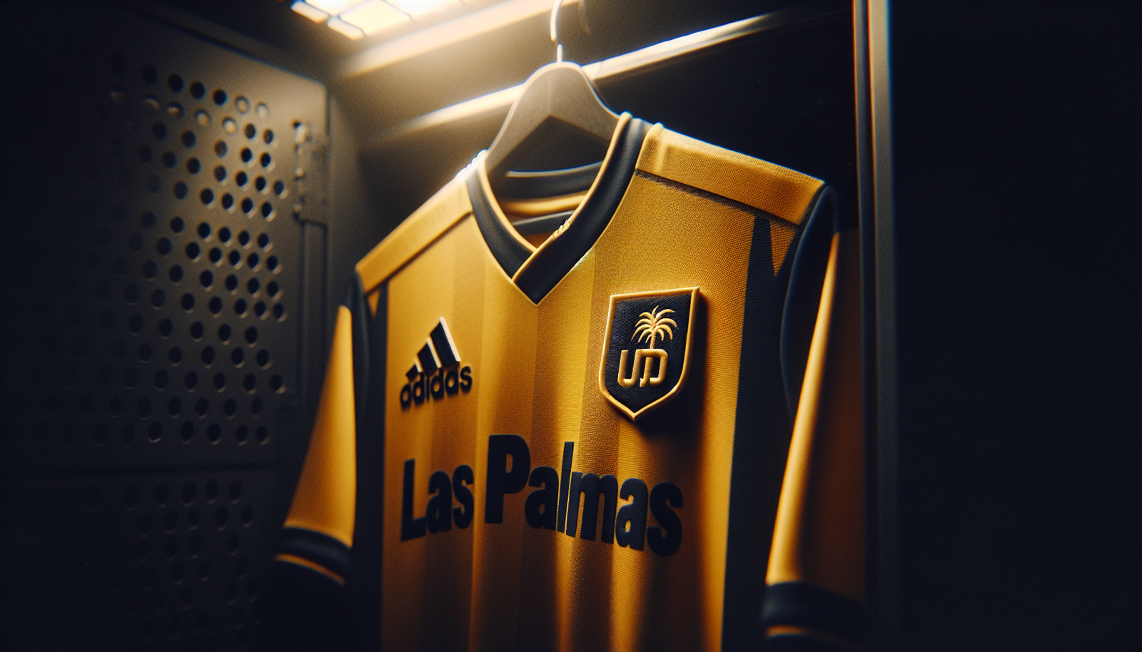Gros plan sur un maillot de football aux couleurs de l'UD Las Palmas, avec l'écusson bien visible, dans les vestiaires.