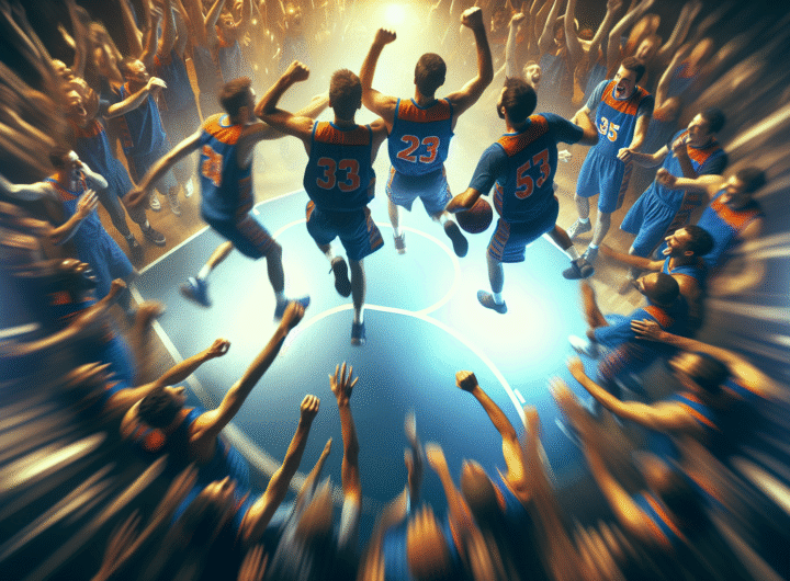 Vue aérienne du terrain de basket avec les joueurs du Thunder célébrant un panier décisif dans les dernières secondes du match, lumières intenses, foule en délire, effet de flou cinétique sur l'action.