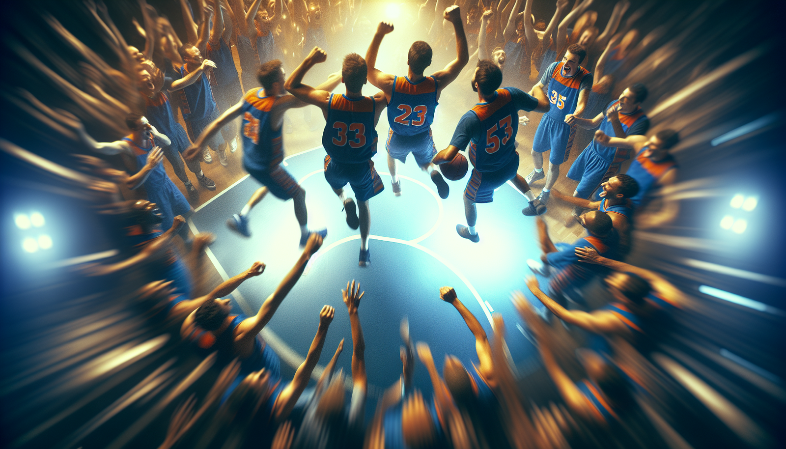 Vue aérienne du terrain de basket avec les joueurs du Thunder célébrant un panier décisif dans les dernières secondes du match, lumières intenses, foule en délire, effet de flou cinétique sur l'action.
