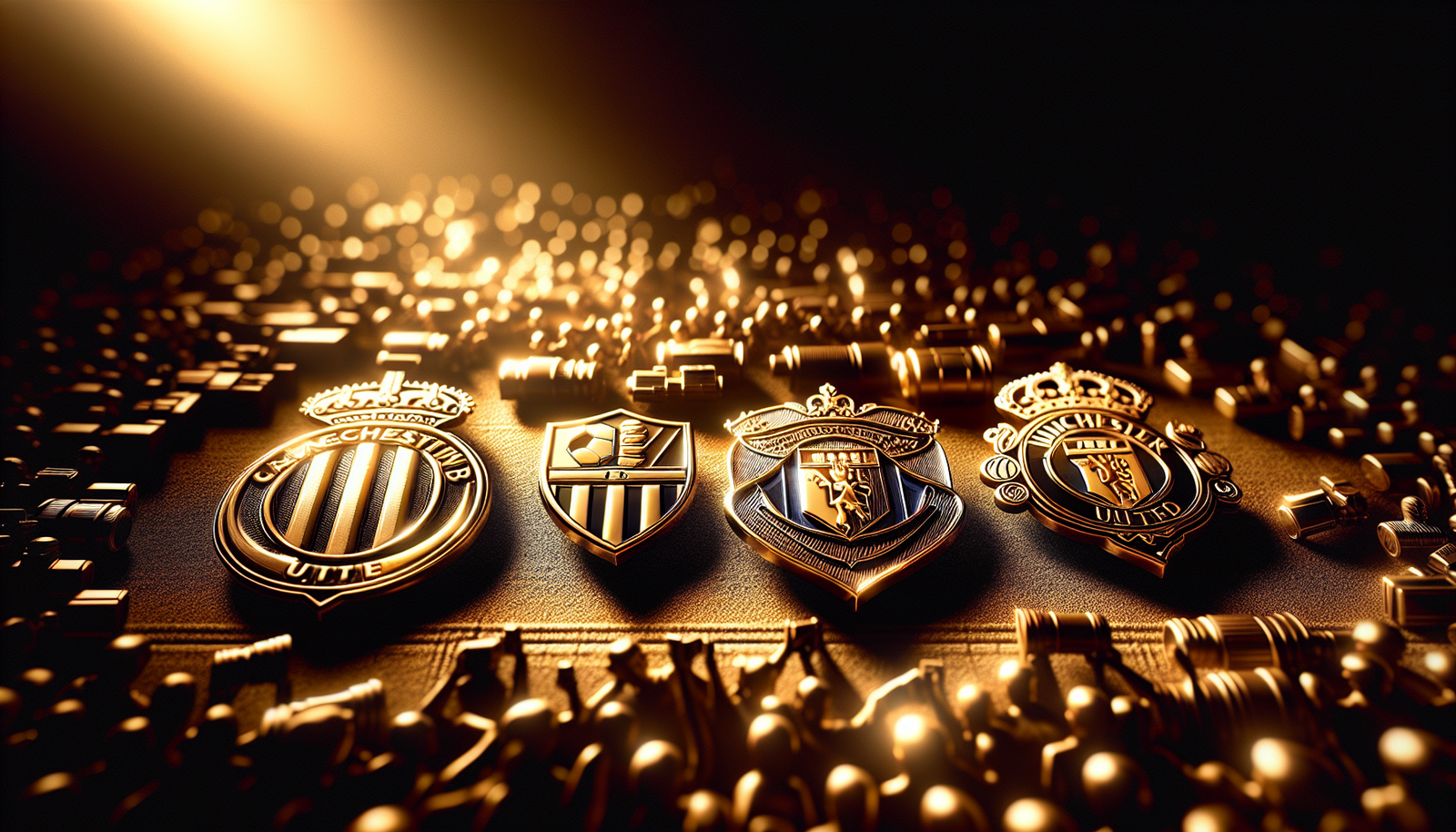 Composition visuelle dynamique montrant les logos des équipes phares comme le Real Madrid, Man City, Al Ahly, et Botafogo, avec des reflets dorés et un arrière-plan flou de stade. Concept de puissance et de confrontation.