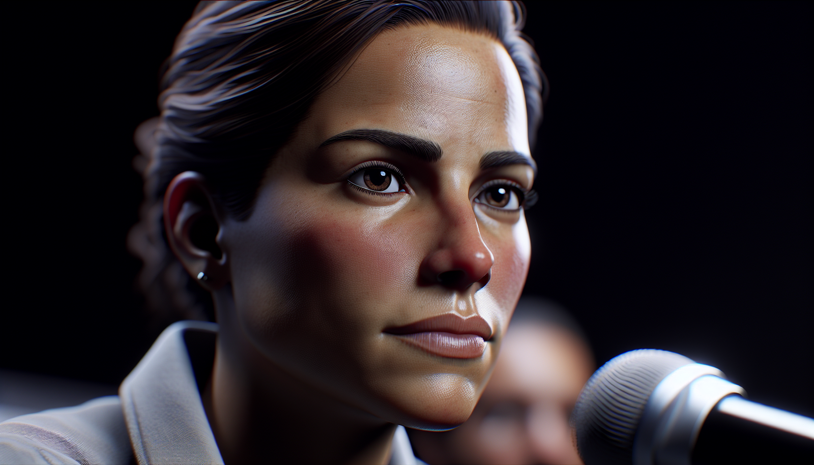 Gros plan sur le visage de Montse Tomé, l'entraîneuse de l'Espagne, l'air préoccupée ou sérieuse lors d'une conférence de presse, un micro devant elle.