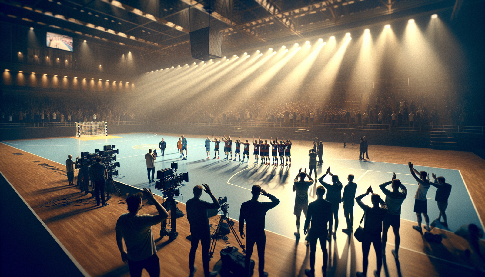 Vue d'ensemble d'une arène de handball après un match intense, avec l'équipe du HBC Nantes saluant les supporters ou se regroupant, ambiance lourde de conséquences.