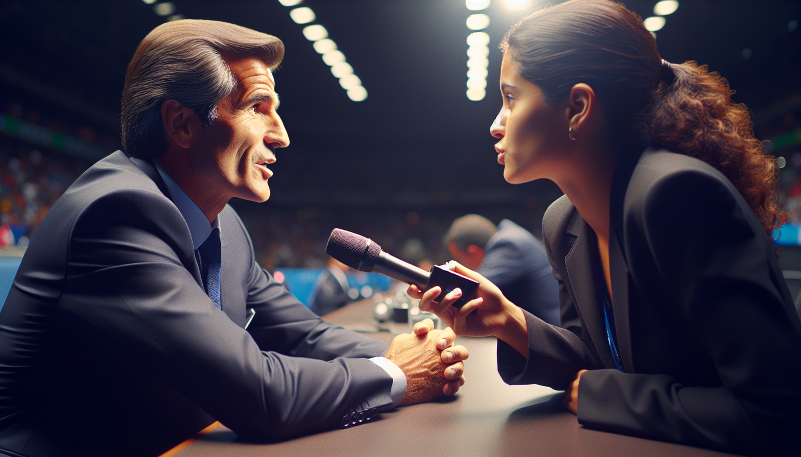 Une photo d'un dirigeant de la FIFA ou d'un président de club en pleine discussion animée avec un journaliste, symbolisant les enjeux et les débats autour de ces règles et de l'avenir de la compétition.