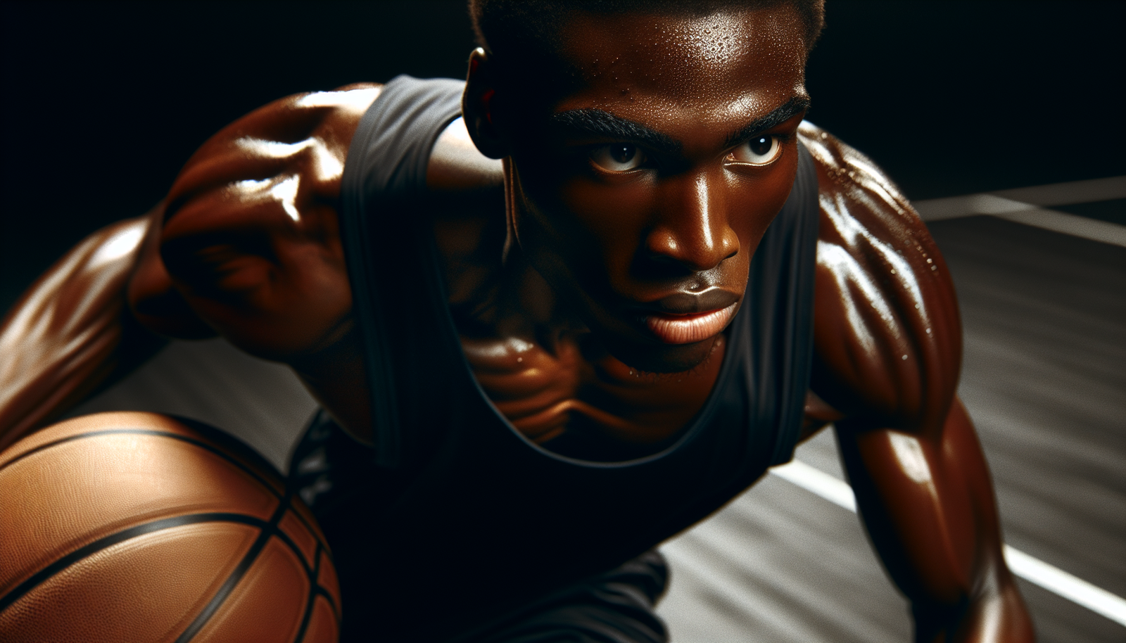 Gros plan sur Shai Gilgeous-Alexander avec une expression intense de concentration et de détermination pendant un dribble, couleurs vives et effets de mouvement soulignant sa vitesse.