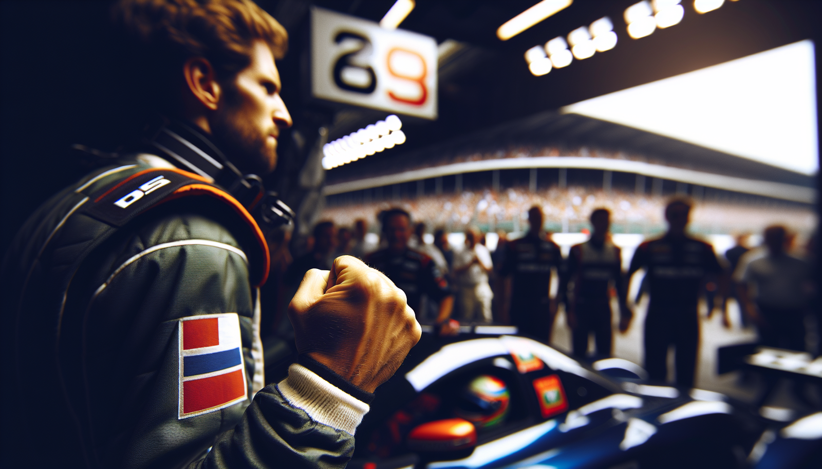 Photo dynamique d'un Max Verstappen agacé sortant de sa voiture après une course, poing serré, avec la foule en arrière-plan.