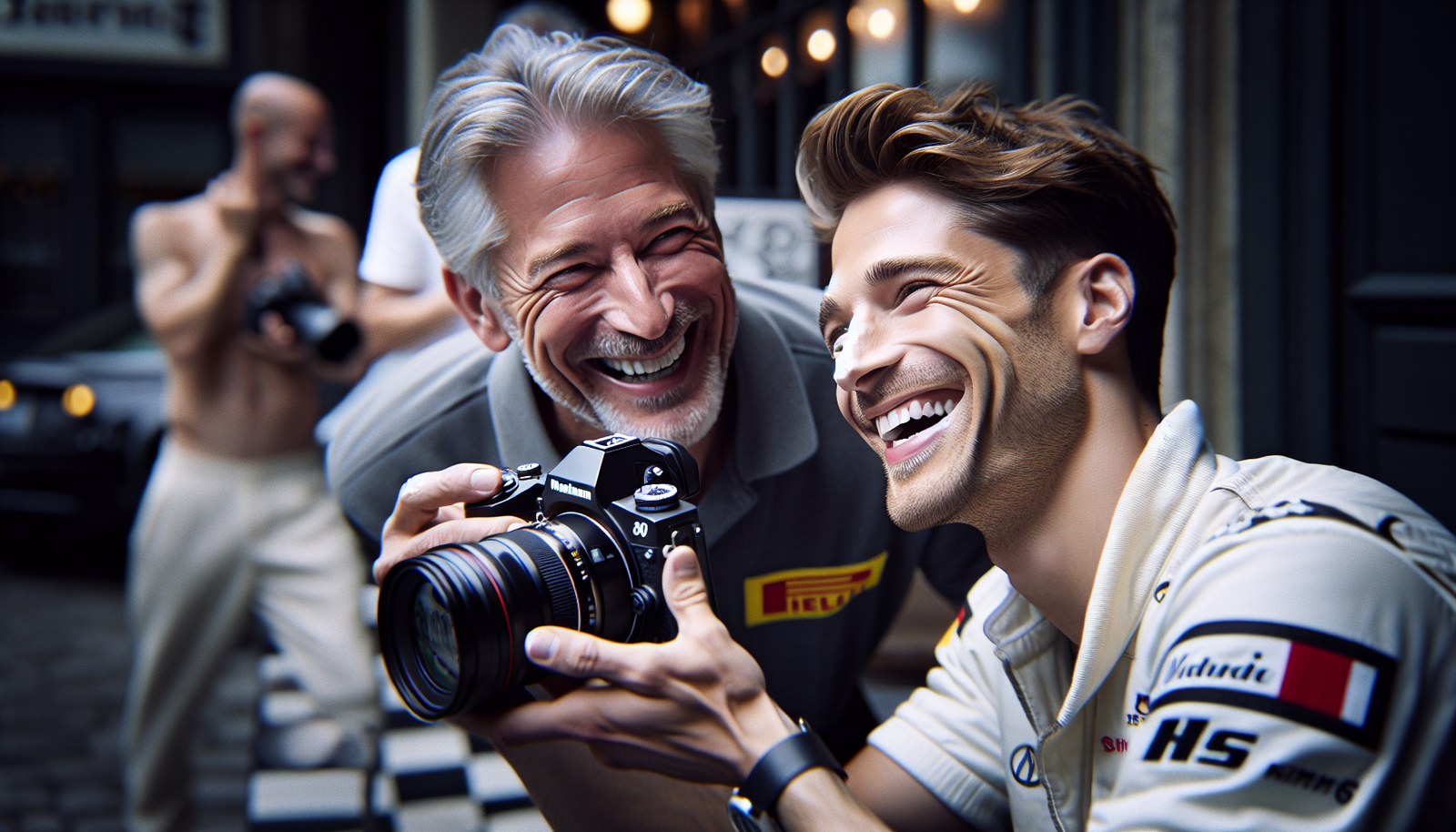 Photo d'un couple célèbre de F1 WAGs et pilote, souriants et décontractés, partageant un moment de complicité en dehors d'un événement officiel, style photo de paparazzi mais glamour.