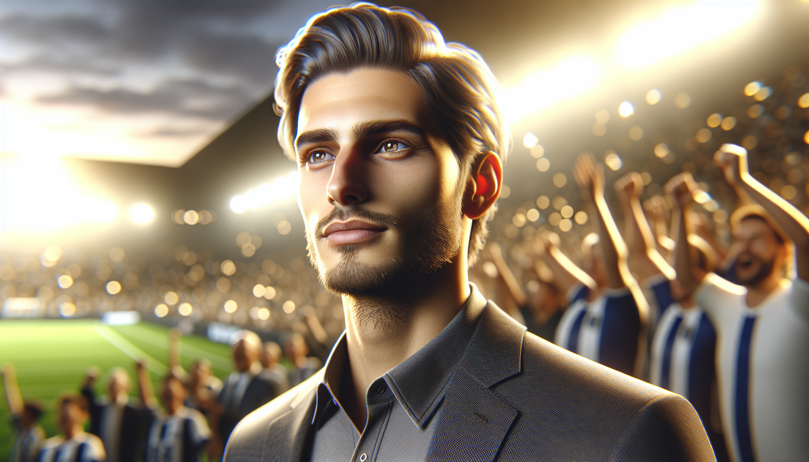 Gros plan sur le visage de Jorge Mas, propriétaire de l'Inter Miami, l'air déterminé et visionnaire, en arrière-plan flou, les fans exultent. Photo de portrait professionnel.