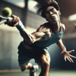 Photo ultra-réaliste d'un joueur de tennis professionnel en plein retour de service, le corps en torsion, la balle floue par sa vitesse, l'énergie pure du mouvement.