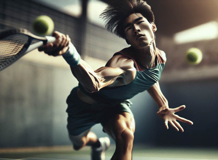 Photo ultra-réaliste d'un joueur de tennis professionnel en plein retour de service, le corps en torsion, la balle floue par sa vitesse, l'énergie pure du mouvement.