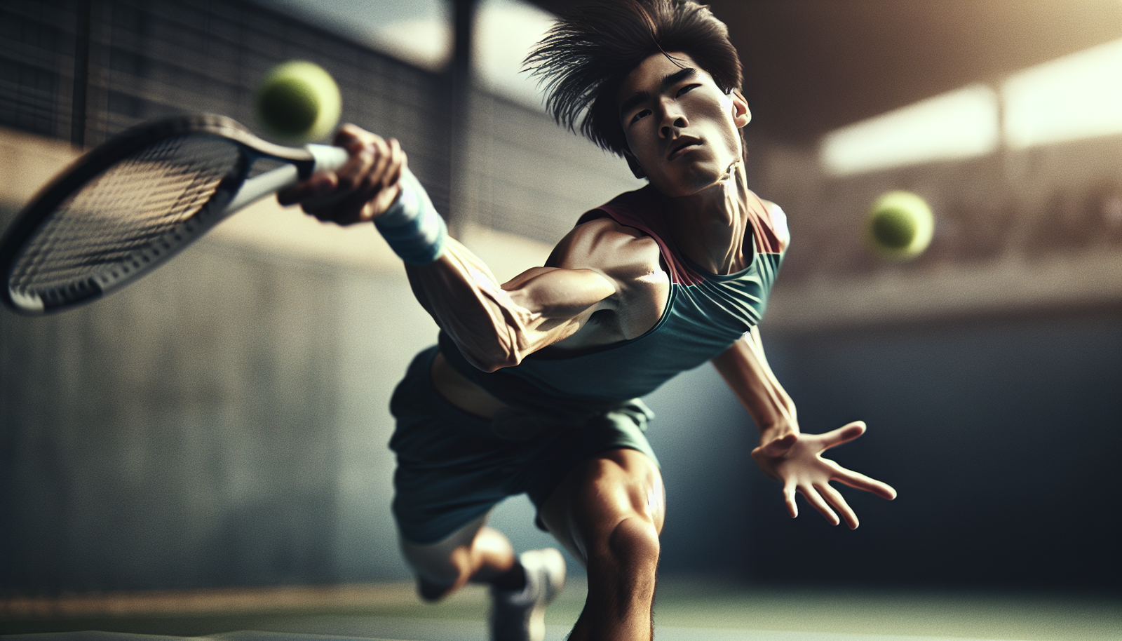 Photo ultra-réaliste d'un joueur de tennis professionnel en plein retour de service, le corps en torsion, la balle floue par sa vitesse, l'énergie pure du mouvement.