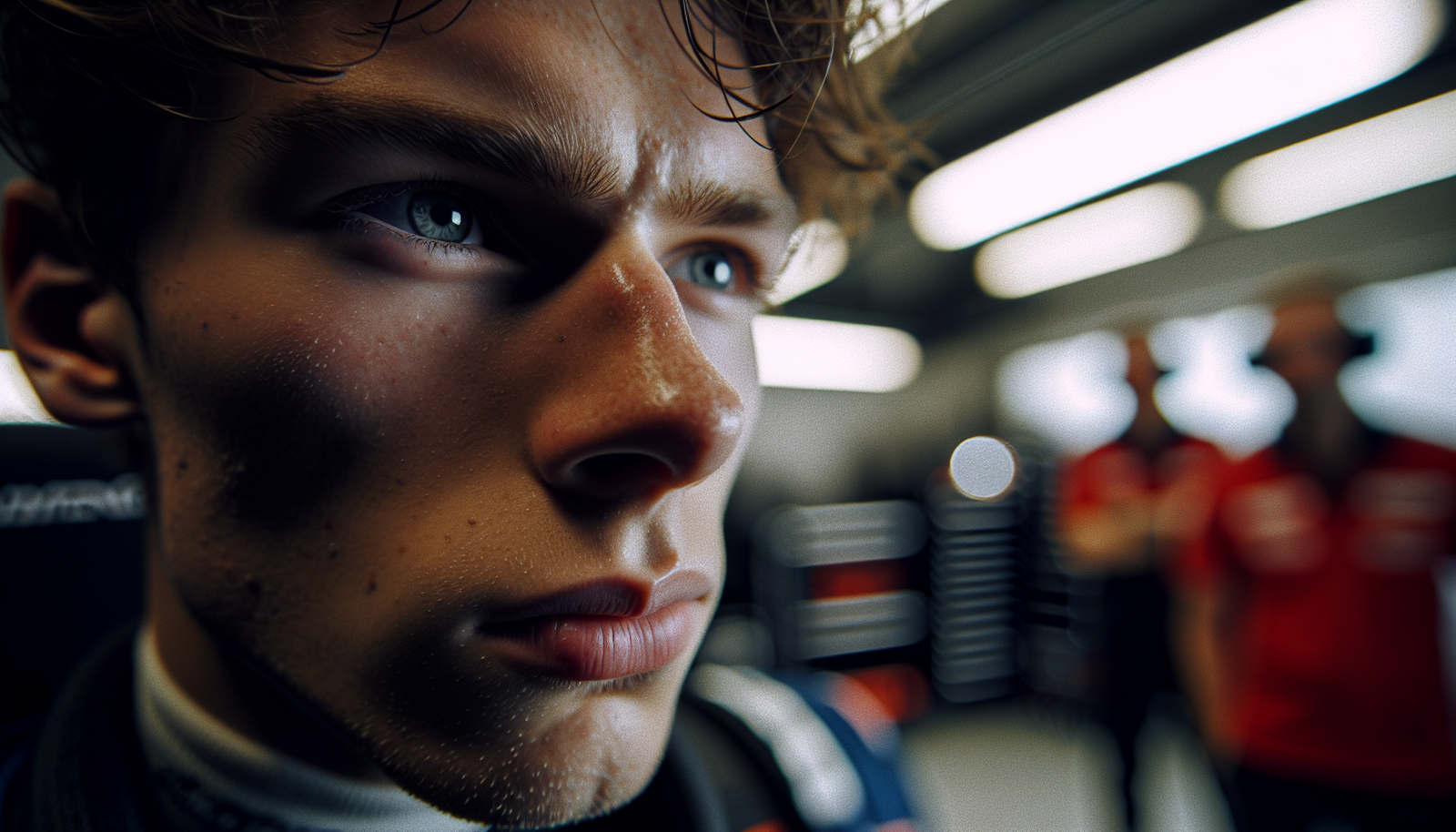 Gros plan sur le visage de Max Verstappen, l'air concentré ou légèrement frustré, dans son garage après les qualifications. Ambiance tamisée, reflets sur son casque.