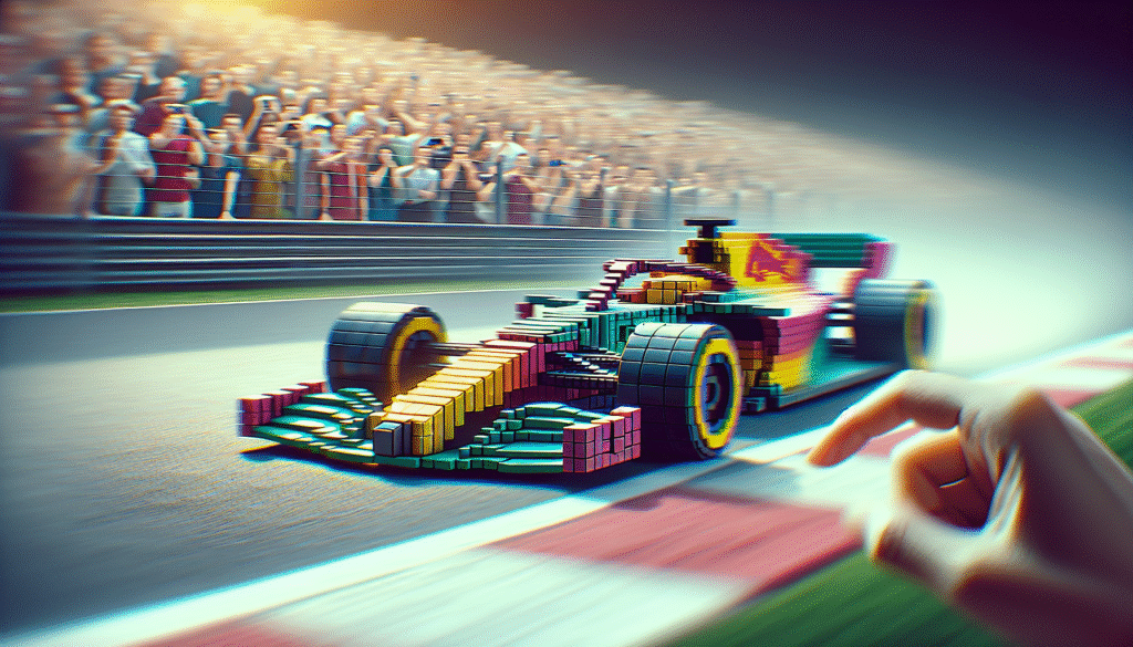 photo d'action ultra-réaliste d'une voiture de F1 stylisée avec des éléments LEGO, roulant sur une piste, avec des spectateurs en arrière-plan, éclairage dynamique