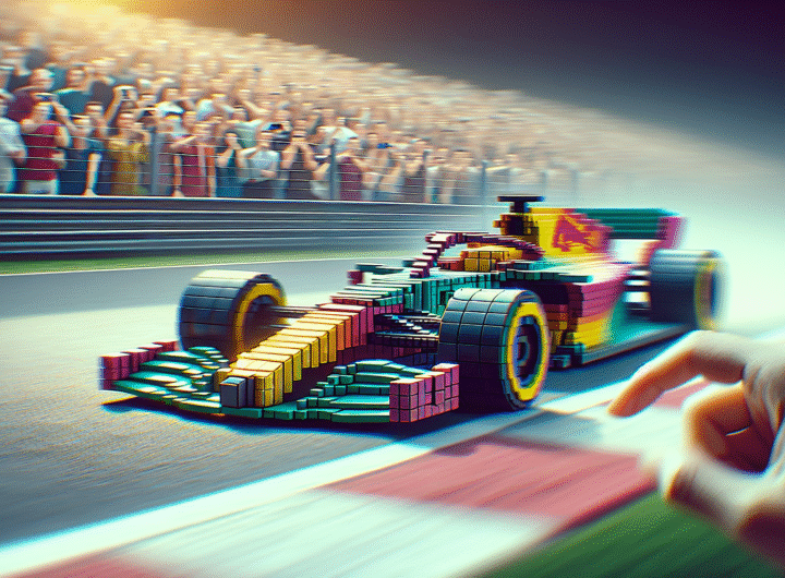 photo d'action ultra-réaliste d'une voiture de F1 stylisée avec des éléments LEGO, roulant sur une piste, avec des spectateurs en arrière-plan, éclairage dynamique