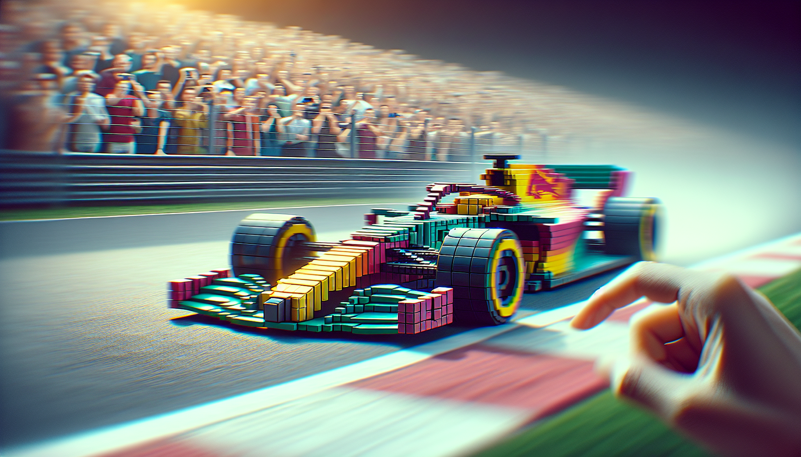 photo d'action ultra-réaliste d'une voiture de F1 stylisée avec des éléments LEGO, roulant sur une piste, avec des spectateurs en arrière-plan, éclairage dynamique