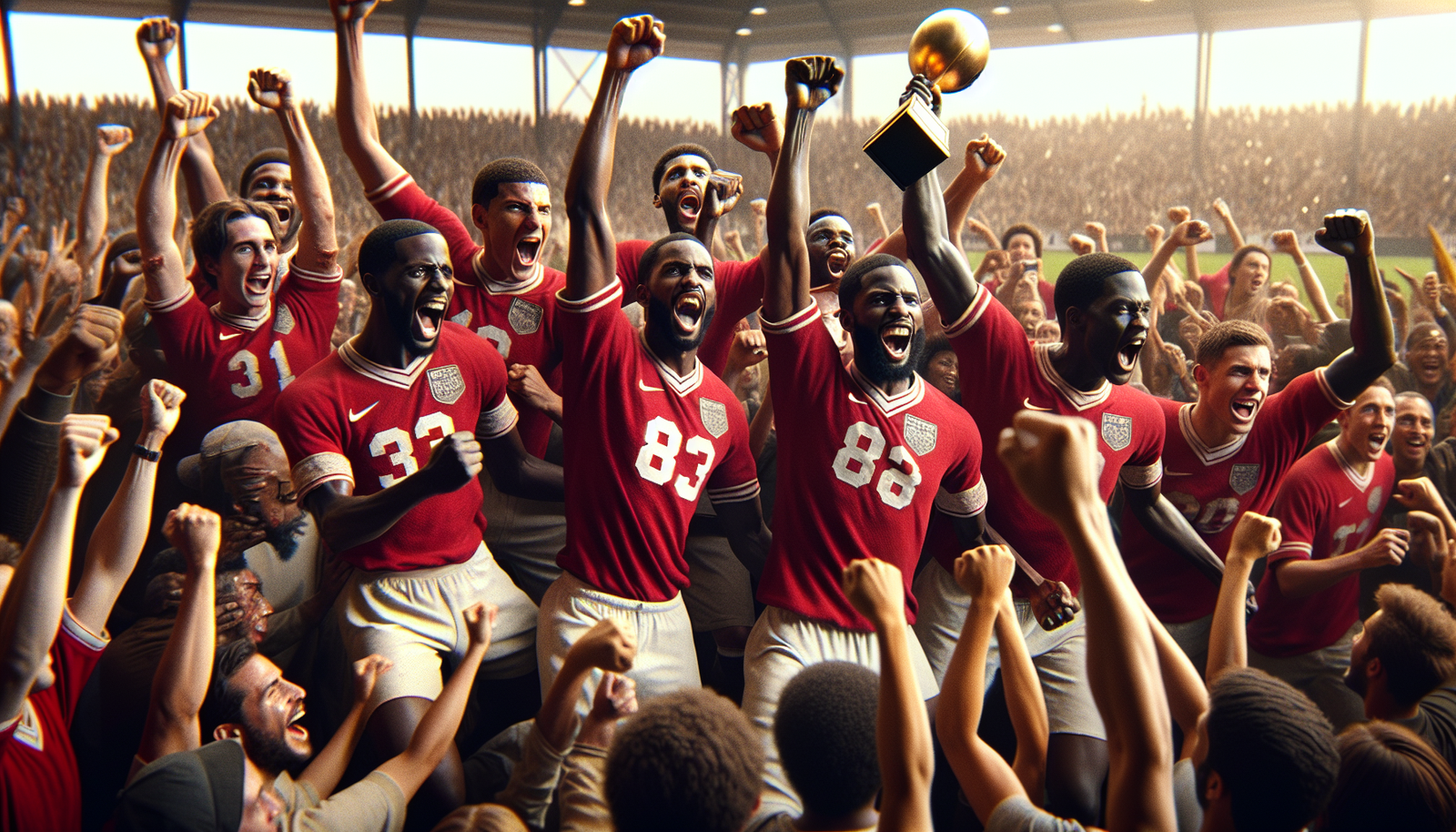Photo ultra-réaliste des joueurs d'Al Ahly célébrant avec ferveur une victoire majeure, brandissant des trophées, montrant leur passion et leur domination sur le continent africain, avec des milliers de fans en arrière-plan, ambiance de fête.