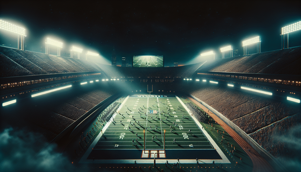 Vue aérienne d'un stade emblématique des États-Unis rempli de fans en délire, avec un terrain de football au centre, ambiance électrique de match nocturne