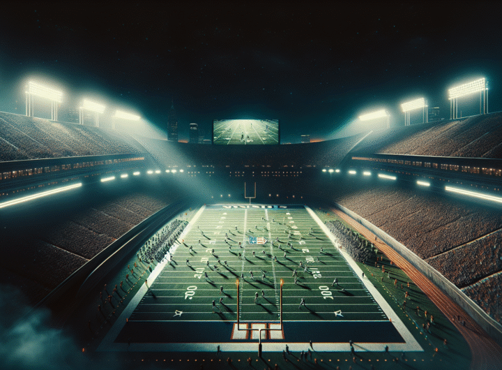 Vue aérienne d'un stade emblématique des États-Unis rempli de fans en délire, avec un terrain de football au centre, ambiance électrique de match nocturne