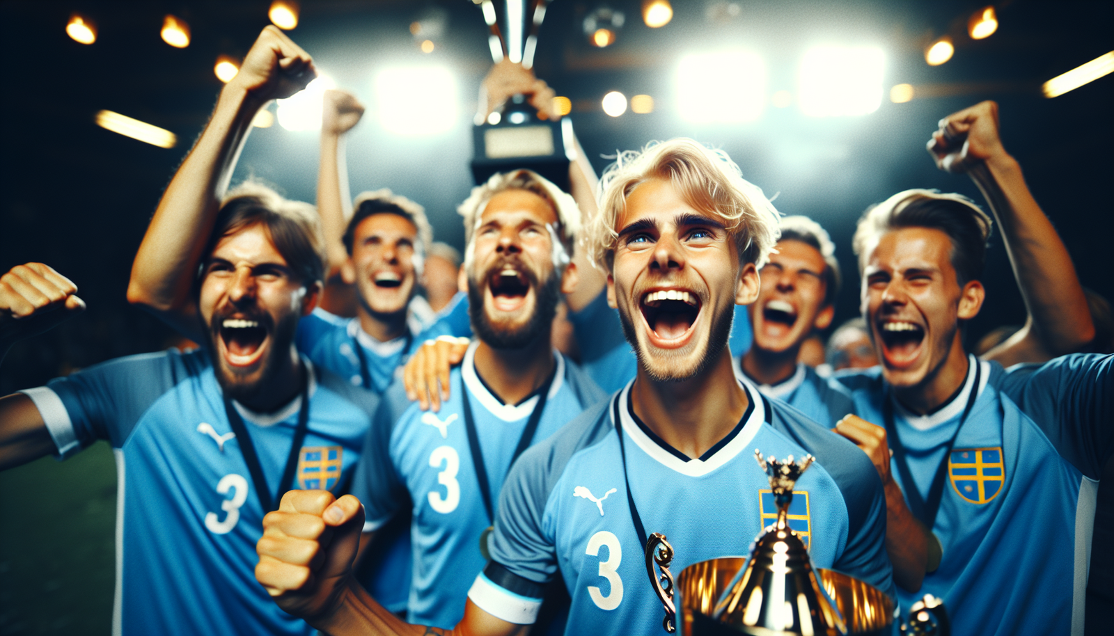 Photo dynamique de l'équipe de Manchester City célébrant le titre de Premier League, avec Erling Haaland au centre, souriant et levant le trophée.