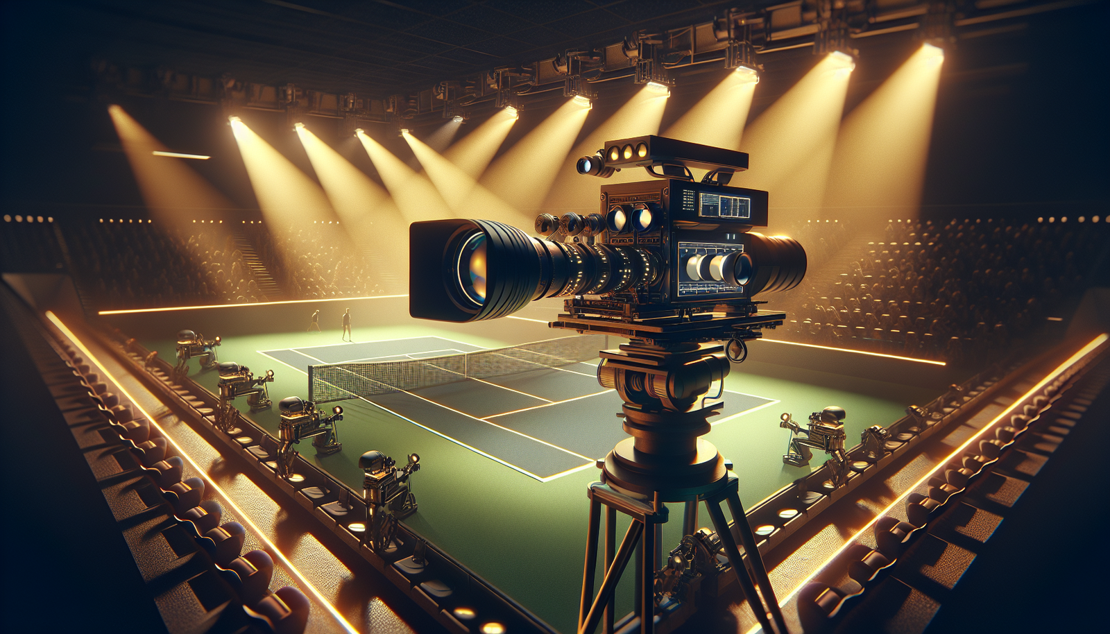 Représentation futuriste d'un court de tennis avec des caméras électroniques high-tech scrutant les lignes, lumières laser. Ambiance technologique.