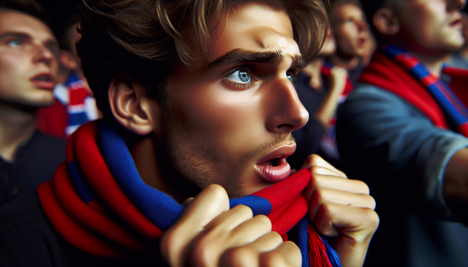 Gros plan sur le visage passionné et tendu d'un jeune supporter de Crystal Palace dans la foule, tenant un écharpe du club, l'émotion à fleur de peau, attendant des nouvelles cruciales.