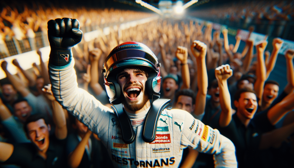 Photo ultra-réaliste de George Russell célébrant sa pole position en F1, poing levé, casque enlevé, foule en arrière-plan, couleurs vives, émotion pure.
