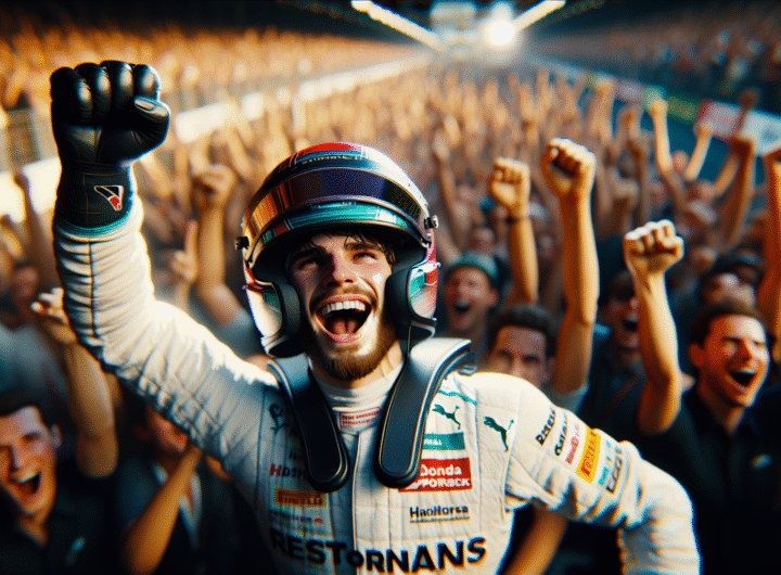 Photo ultra-réaliste de George Russell célébrant sa pole position en F1, poing levé, casque enlevé, foule en arrière-plan, couleurs vives, émotion pure.