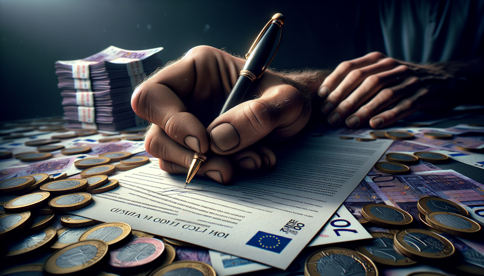 Photo macro réaliste d'une main tenant un stylo sur un contrat de transfert de joueur de football, avec des euros ou des livres sterling en arrière-plan flou, ambiance de décision financière et stratégique.