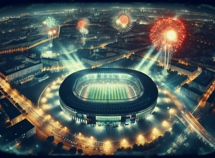 Vue aérienne du NRG Stadium de Houston illuminé de nuit, avec un terrain de football vibrant et des feux d'artifice éclatants au-dessus.