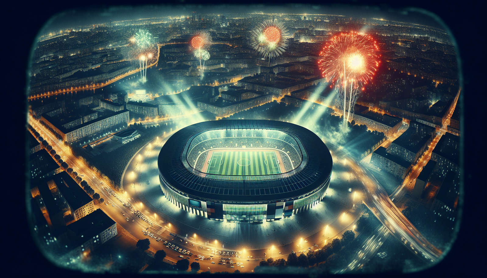 Vue aérienne du NRG Stadium de Houston illuminé de nuit, avec un terrain de football vibrant et des feux d'artifice éclatants au-dessus.