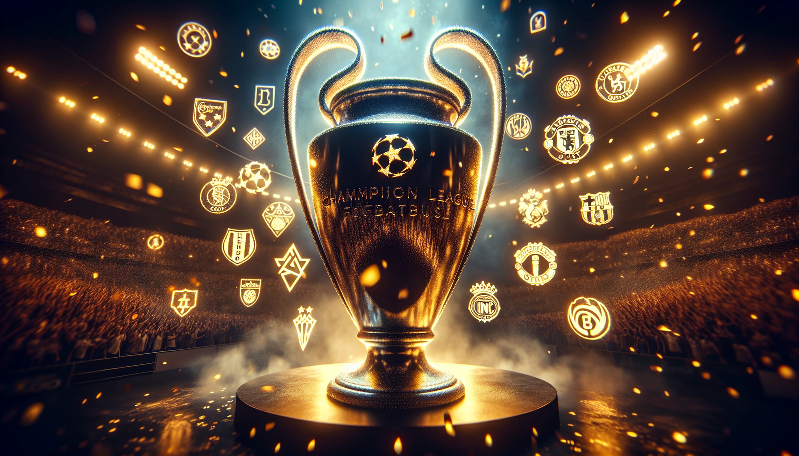 Montage dynamique montrant les logos des clubs anglais (Liverpool, Arsenal, Man City, Chelsea, Newcastle, Tottenham, Crystal Palace, Aston Villa, Nottingham Forest) superposés sur une image de la coupe de la Ligue des Champions, avec des étincelles dorées et une ambiance de grandeur européenne.