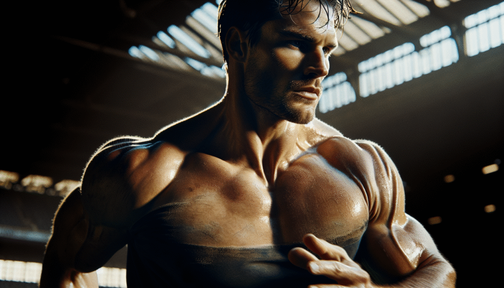 Photo d'action ultra-réaliste d'un joueur de rugby en plein effort sur le terrain, muscles saillants, détermination visible.