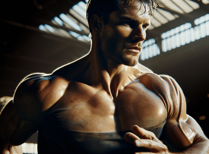 Photo d'action ultra-réaliste d'un joueur de rugby en plein effort sur le terrain, muscles saillants, détermination visible.
