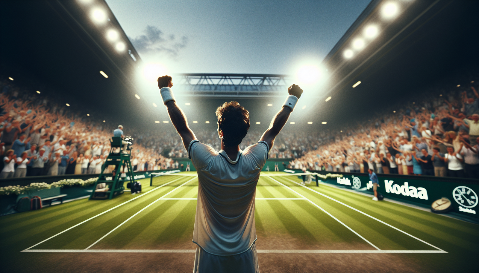 photo ultra-réaliste d'Andy Murray sur le Centre Court de Wimbledon, levant les bras après une victoire emblématique, foule en délire, ambiance électrique